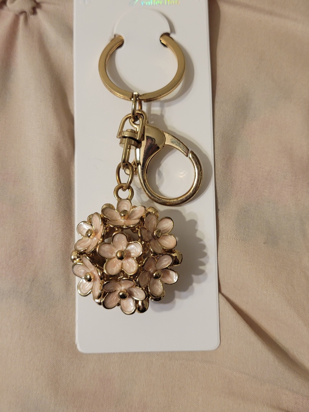 Gold-tone Floral Keychain Charm with Pale Pink Enamel Flowers